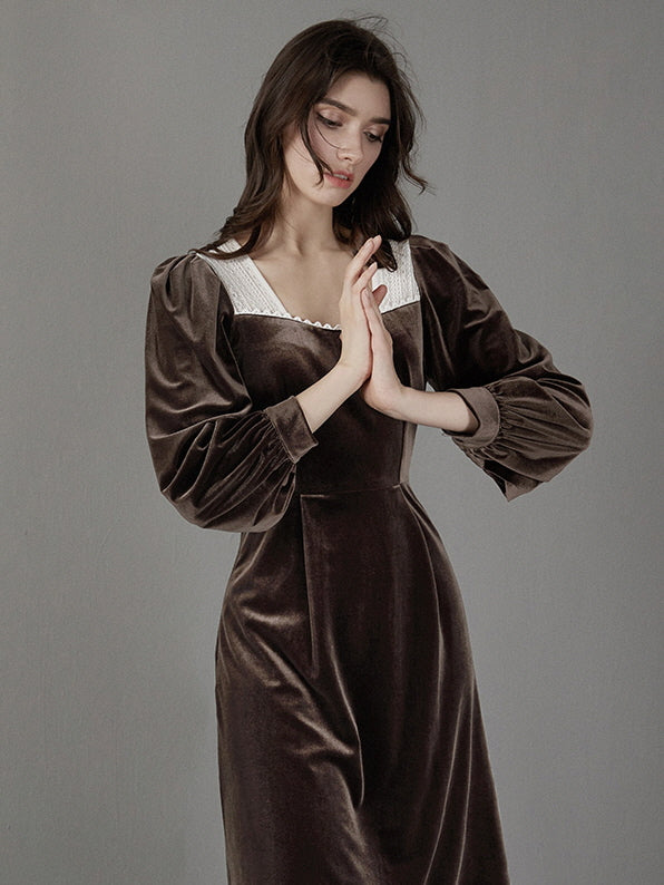 Brown Velvet Puff Sleeve Dress
