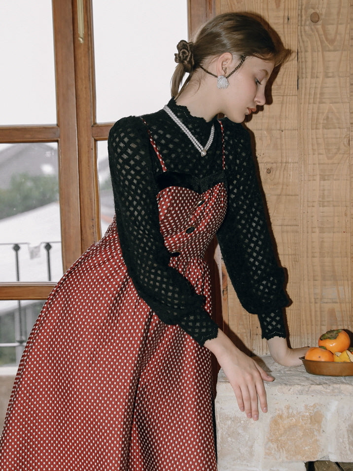 red dress black polka dots Vintage Charm Polka Dot Midi Dress