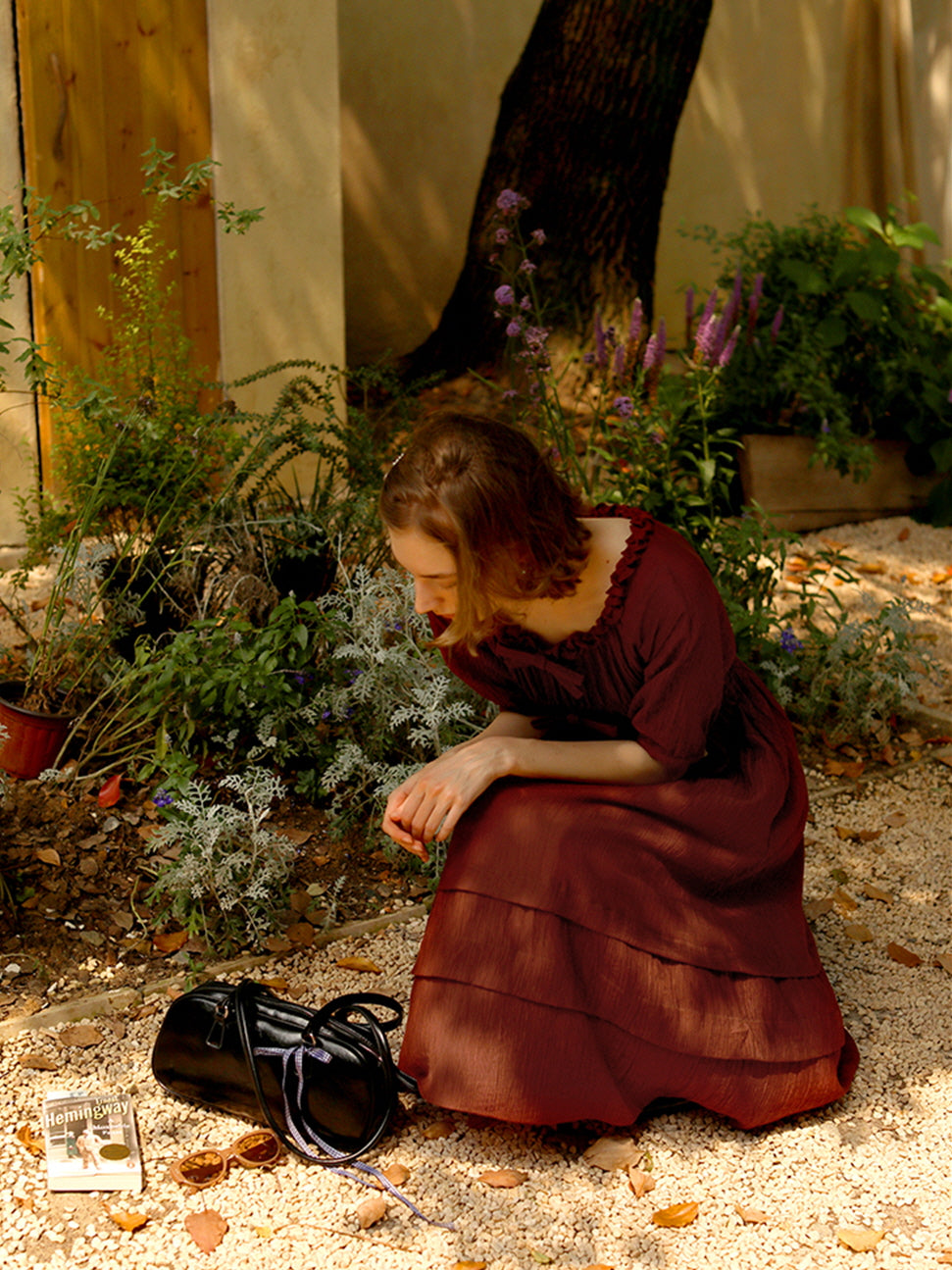 Vintage Cottage Ribbon Wine Red Dress