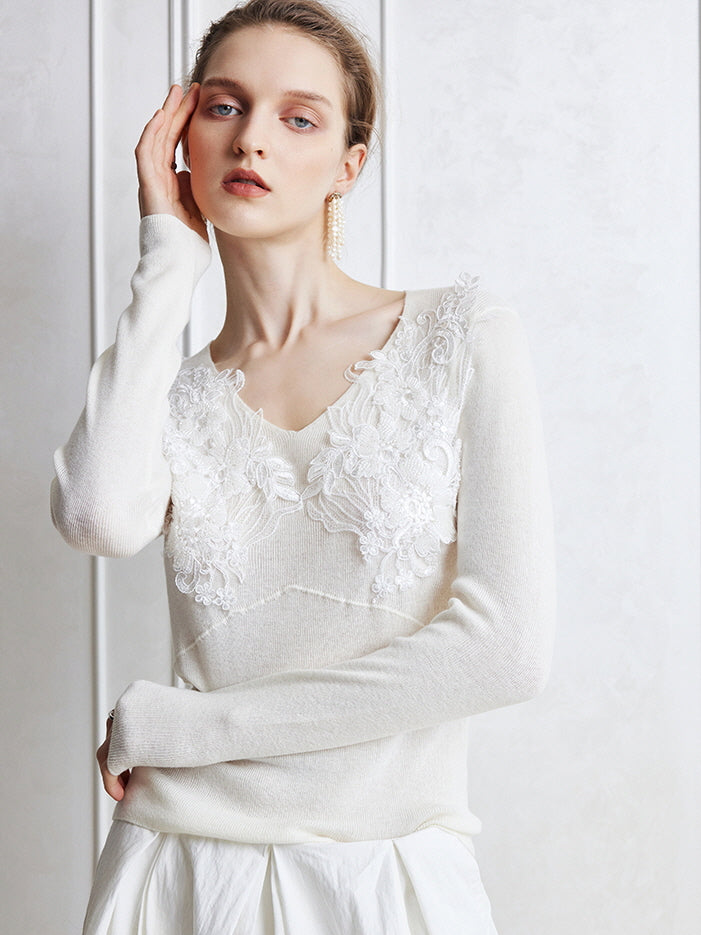 Floral Lace Embellished Knit Top