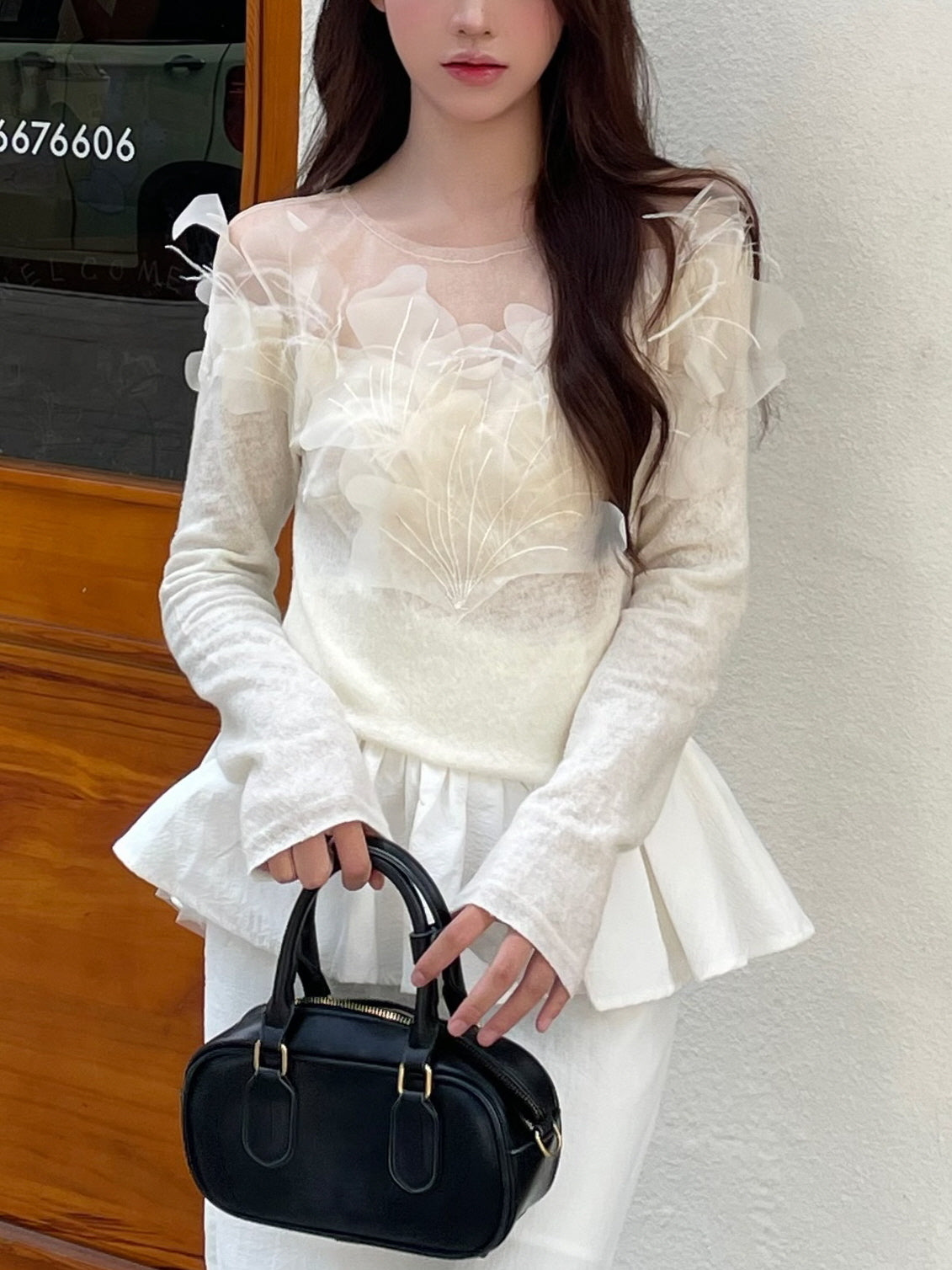 Elegant Floral Appliqué Knit Blouse