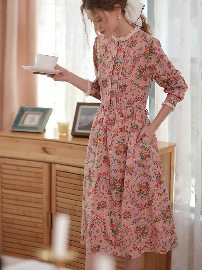 Lace Trim Vintage Floral Pink Cotton Dress