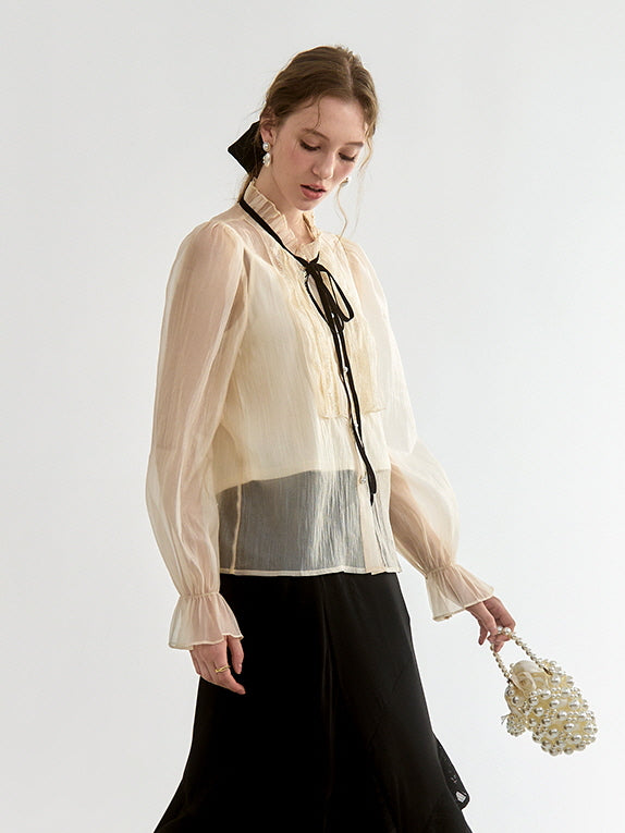 Sheer Lace-Trimmed Blouse with Ribbon Tie