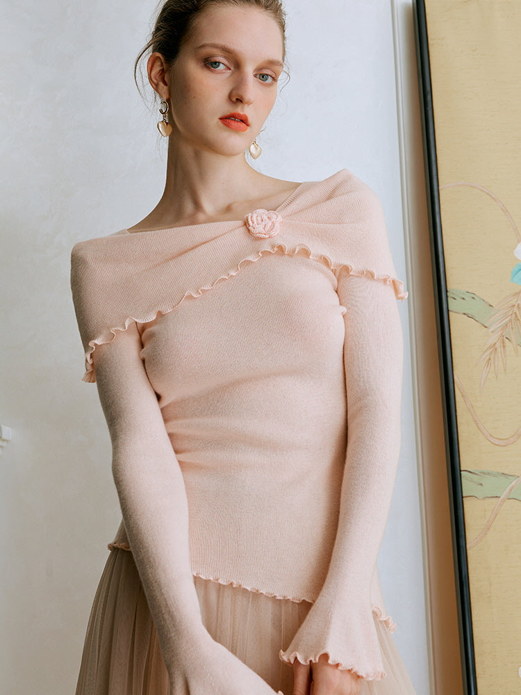 Rosette Charm Asymmetrical Knit Top
