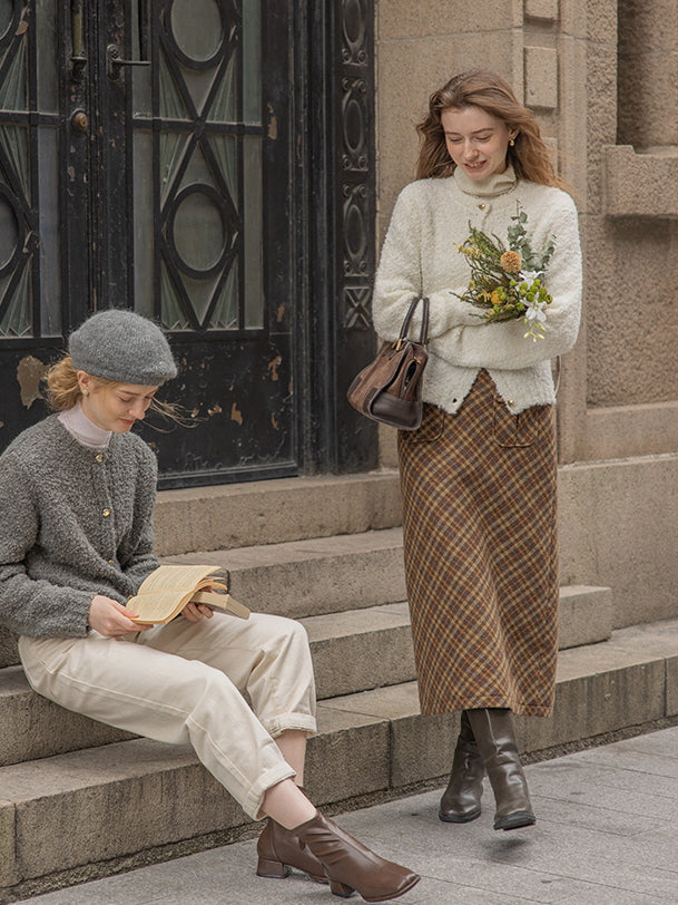 Rustic Plaid Wool Brown Checkered Skirt