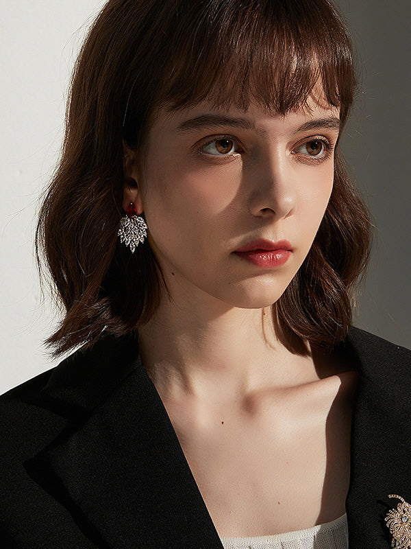 Elegant Ruby Zircon Leaf Drop Earrings