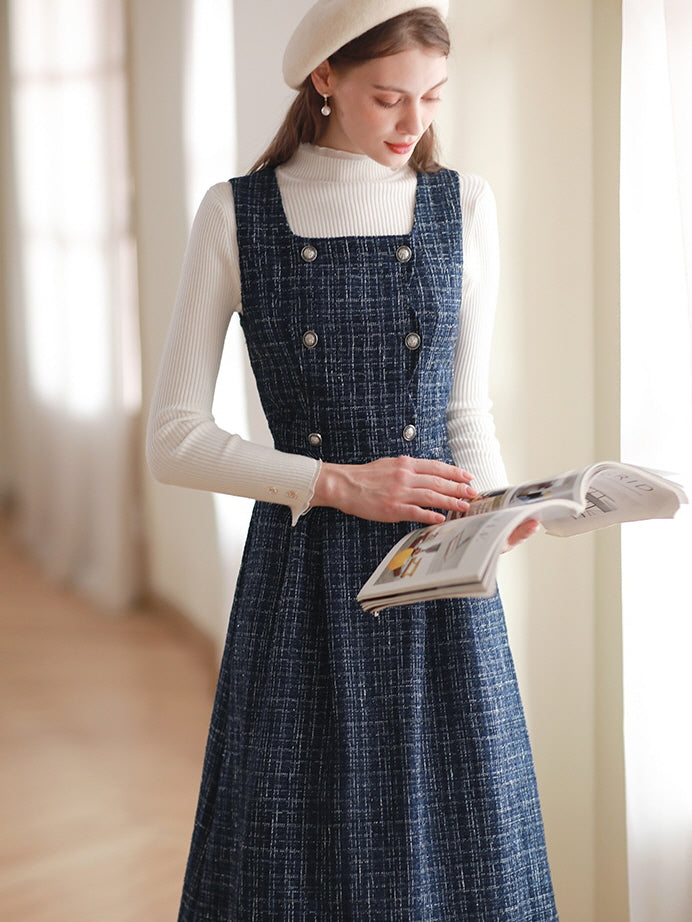 Navy Tweed Double-Breasted Dress