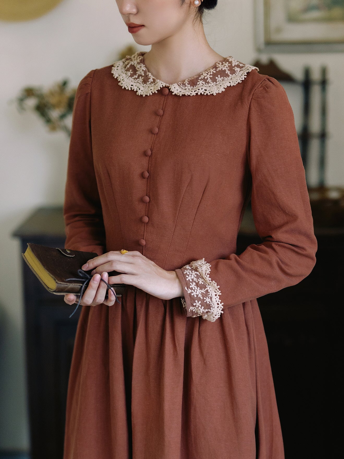 Autumn Rust Vintage Lace Collar Dress Brick Red / L