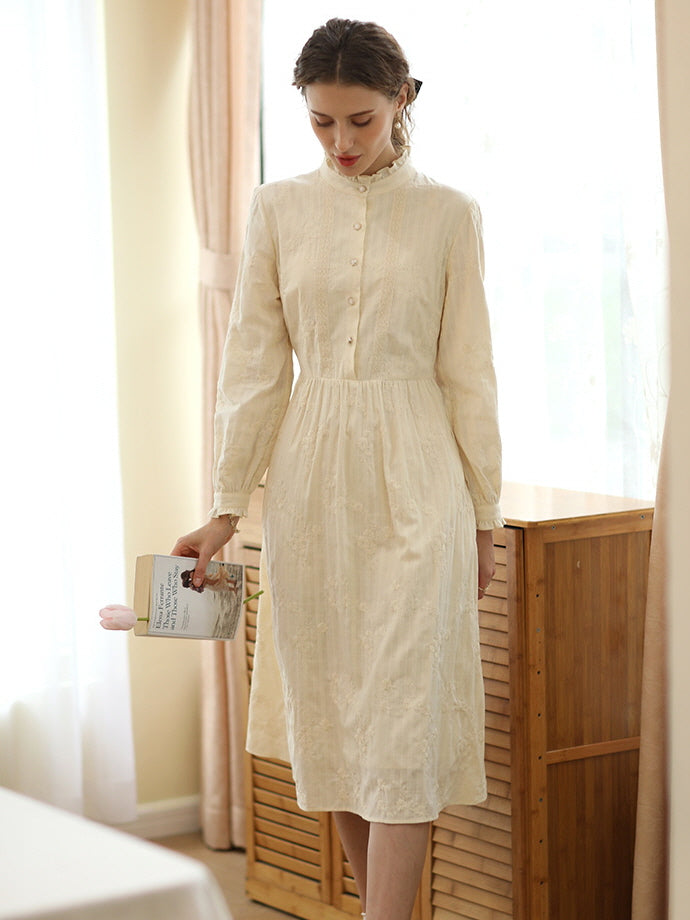 Vintage-Inspired Floral Embroidered Cotton Dress