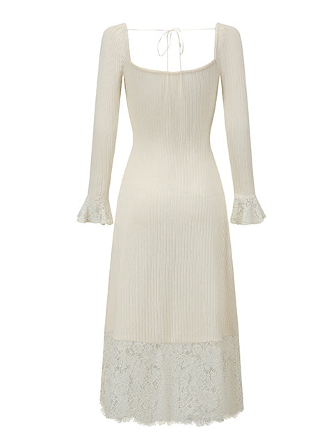 Elegant Lace Trim Flared Sleeves Knit Dress