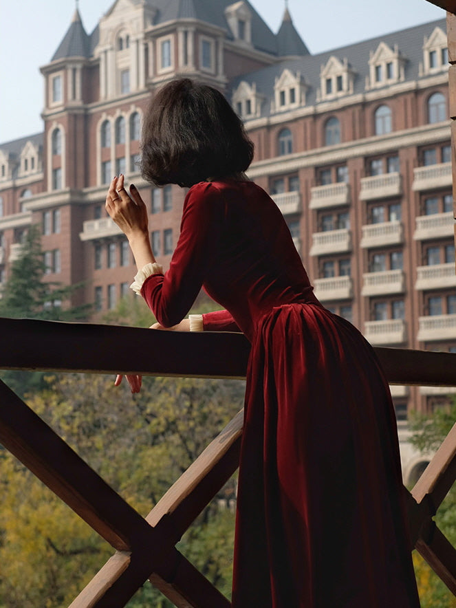 Ruffled Trim Royal Red Velvet Vintage Dress