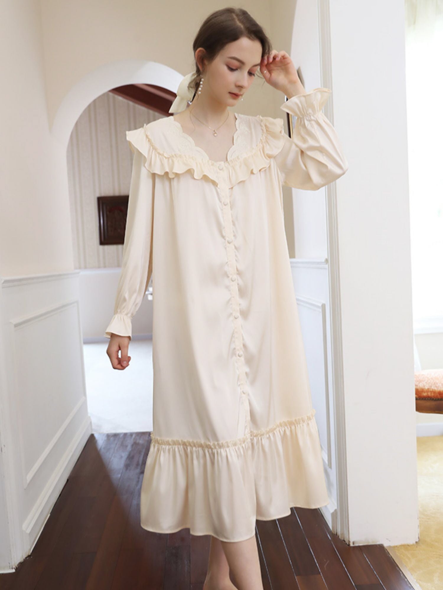 Vintage-Inspired Cream Ruffle Nightgown