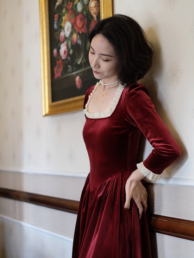 Ruffled Trim Royal Red Velvet Vintage Dress