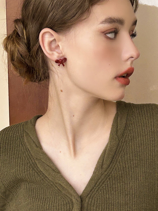 Vintage Red Ribbon Bow Earrings