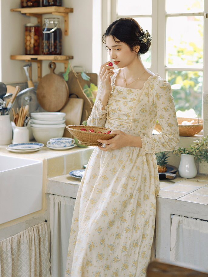 Floral Cottagecore Long-Sleeve Cotton Dress