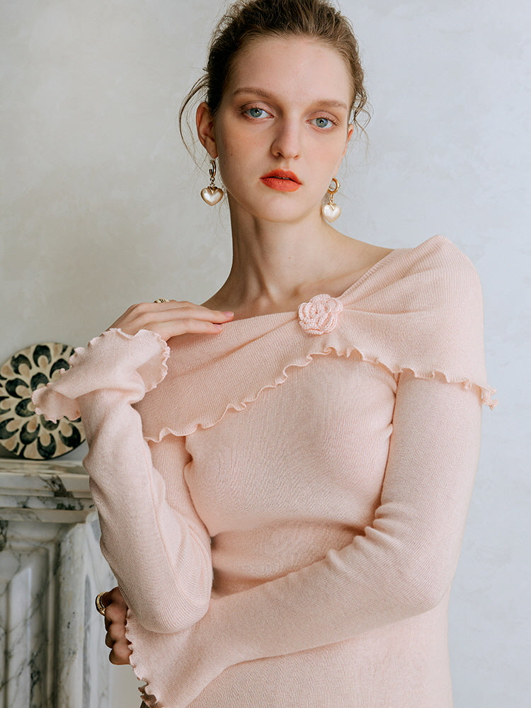 Rosette Charm Asymmetrical Knit Top