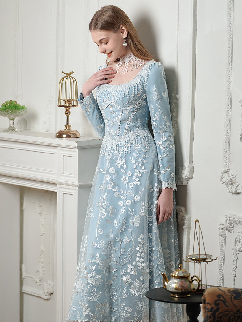 Soft Blue Lace Embroidered Dress - Royal Princesscore Aesthetic Outfit Blue / XL Soft Blue Lace Embroidered Dress - Royal Princesscore Aesthetic Outfit Blue / XL