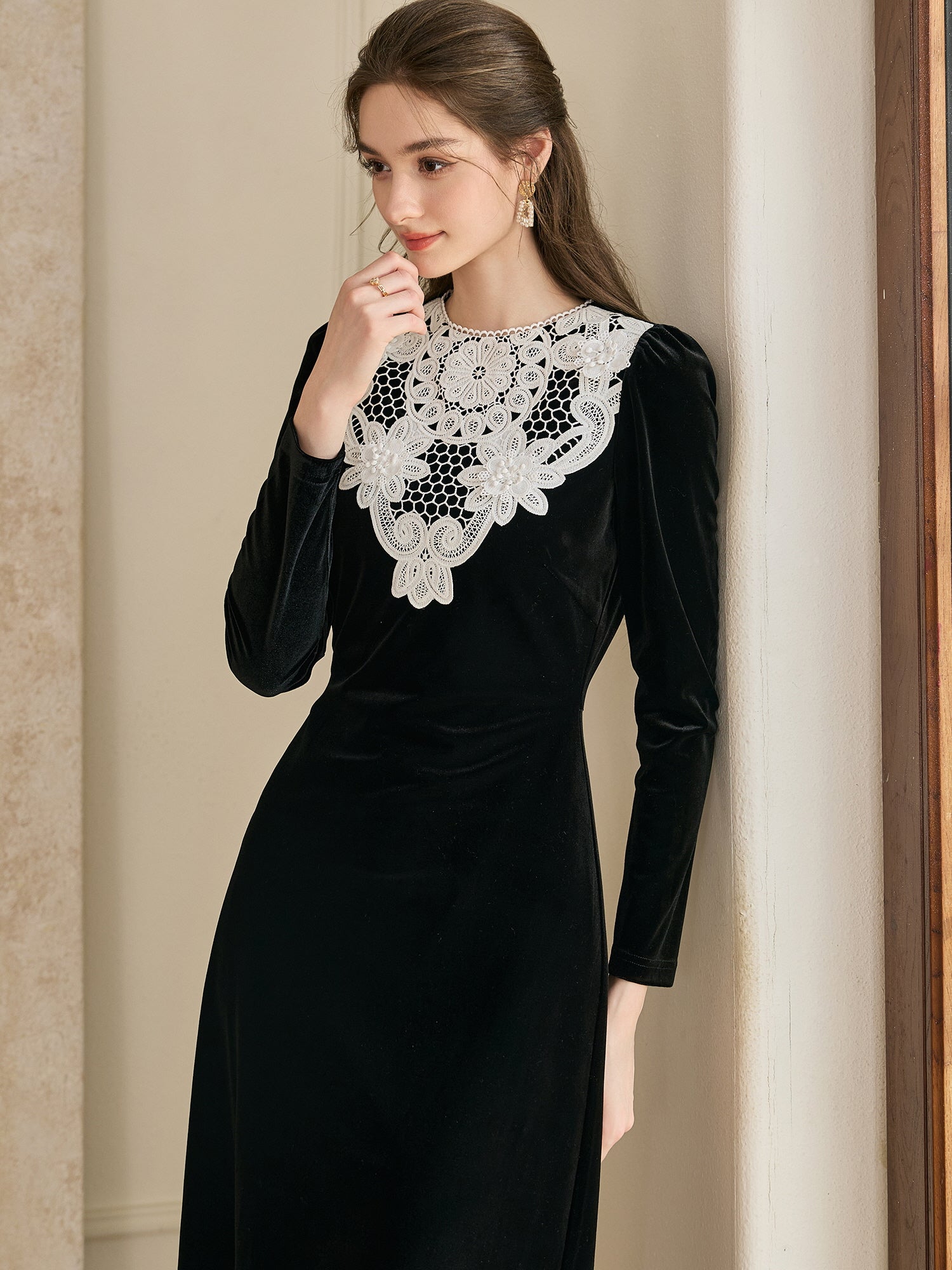 Black Velvet White Lace Dress - Vintage Winter Aesthetic Outfit Black / S Black Velvet White Lace Dress - Vintage Winter Aesthetic Outfit Black / S