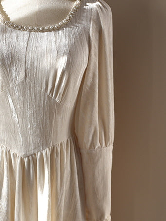 Elegant Pearl-Trimmed Ivory Long Dress