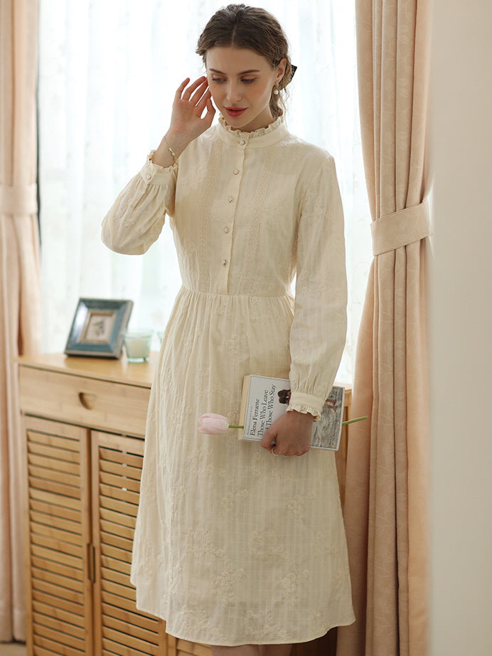 Vintage-Inspired Floral Embroidered Cotton Dress