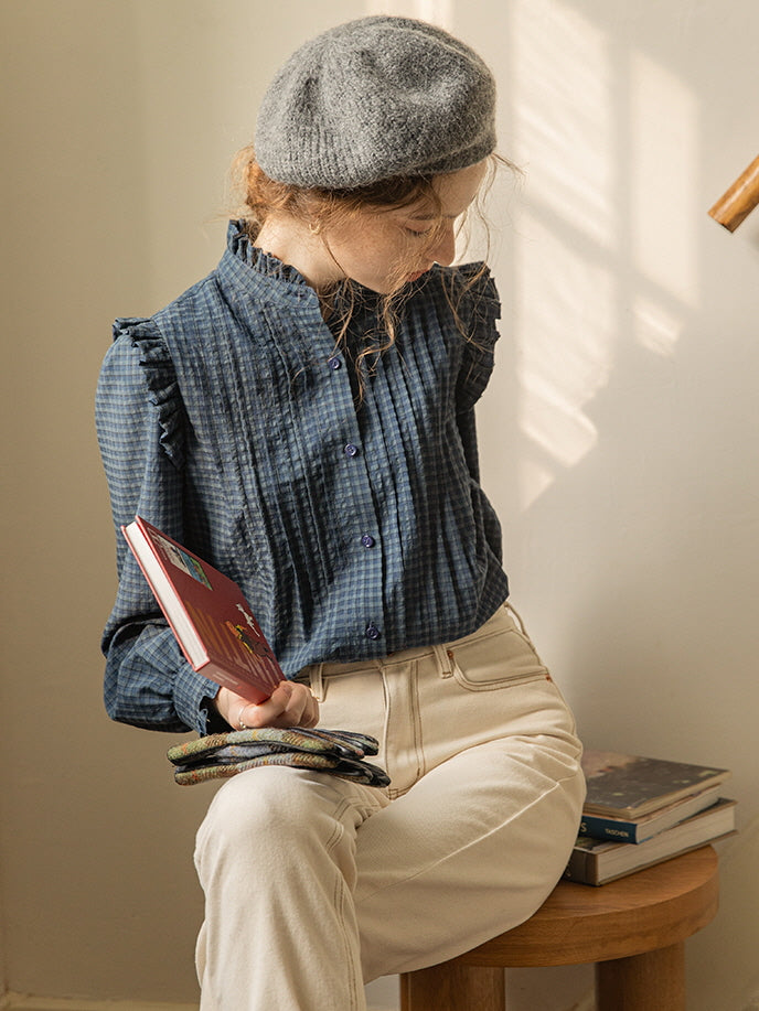Vintage-Inspired Ruffled Plaid Blouse