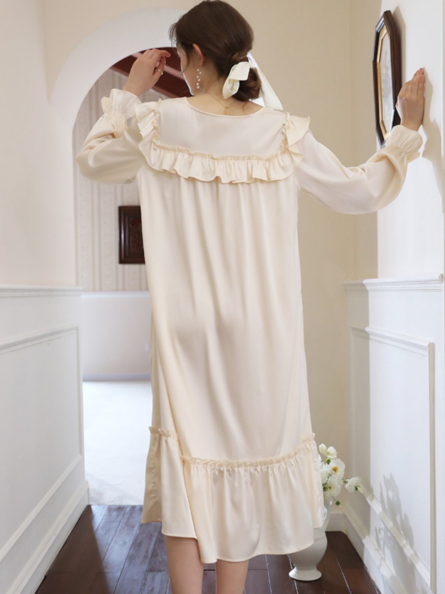 Vintage-Inspired Cream Ruffle Nightgown