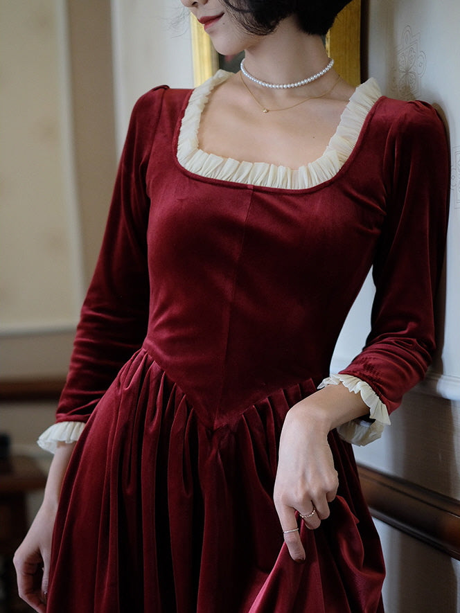 Ruffled Trim Royal Red Velvet Vintage Dress