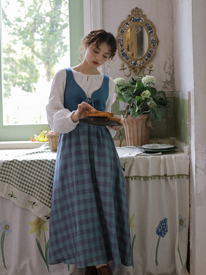 Vintage-Inspired Linen Pinafore Dress & Classic Cotton Blouse