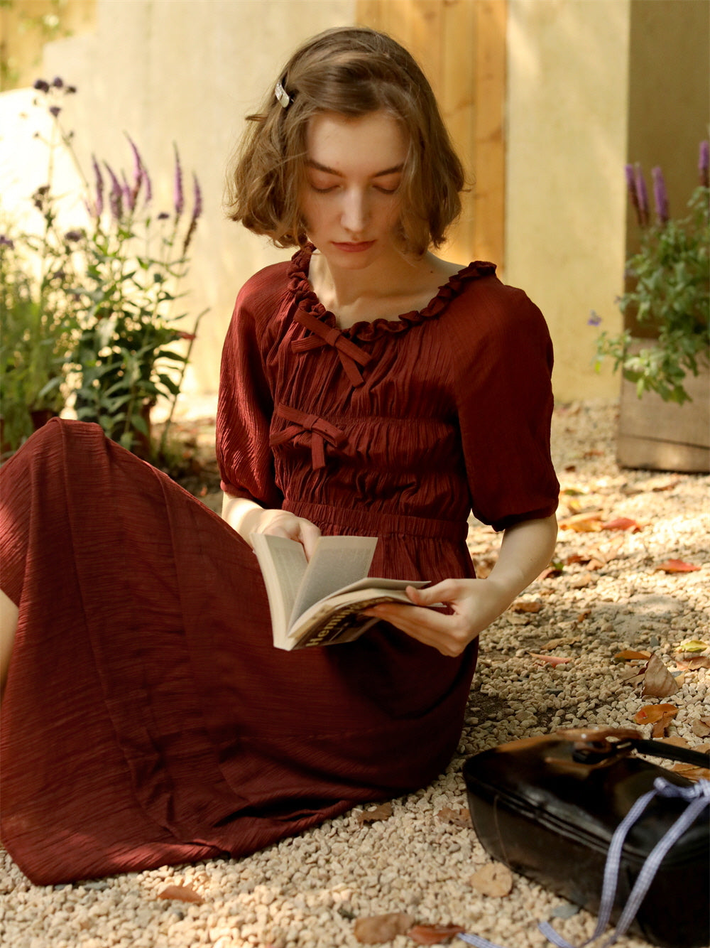 Vintage Cottage Ribbon Wine Red Dress