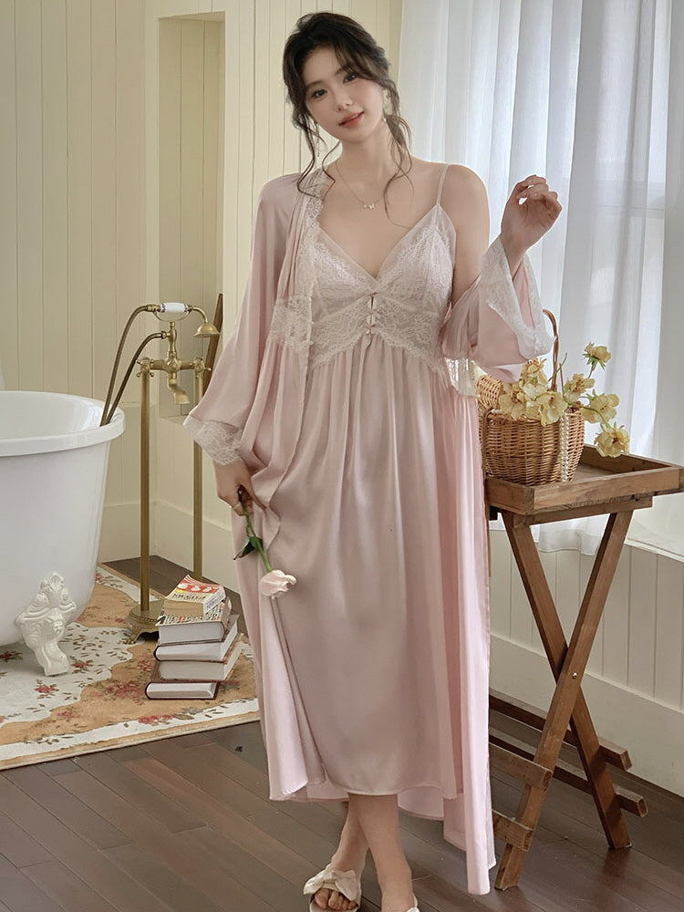 Blush Lace Trim Nightgown & Robe Set