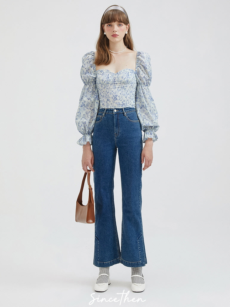 Blue Floral Puff Sleeve Blouse