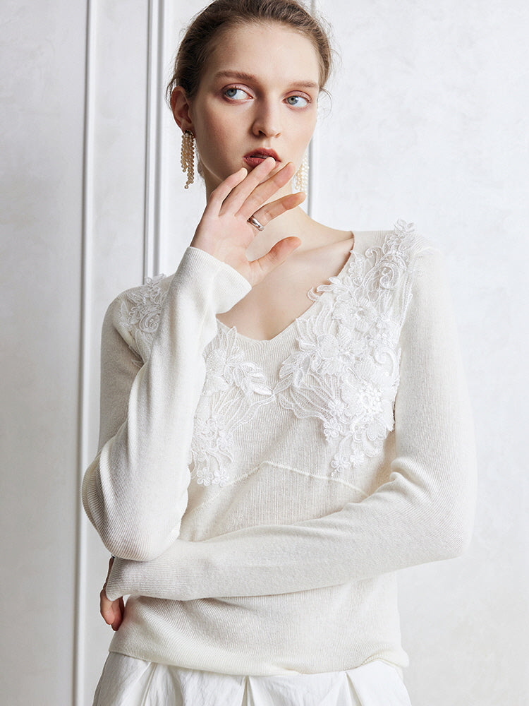 Floral Lace Embellished Knit Top