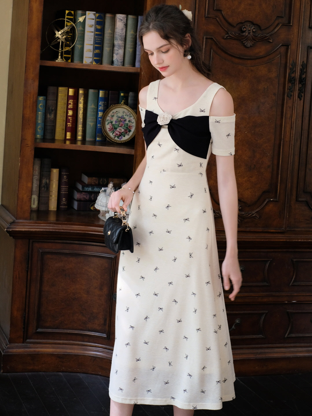 Bow Embellished Off-Shoulder A-Line Dress