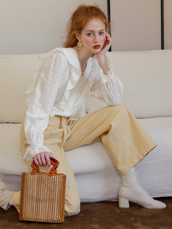 Romantic Lace-Trimmed Ruffle Blouse