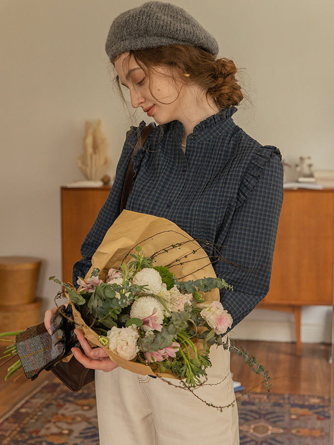 Vintage-Inspired Ruffled Plaid Blouse