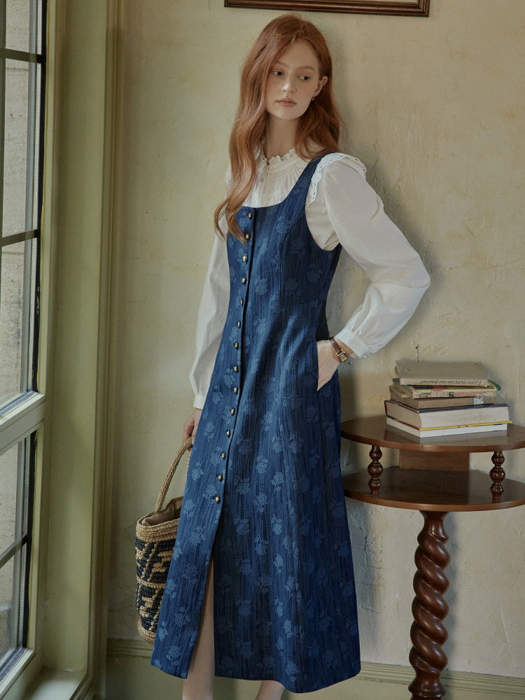 Vintage Midnight Blue Cottagecore Pinafore Dress