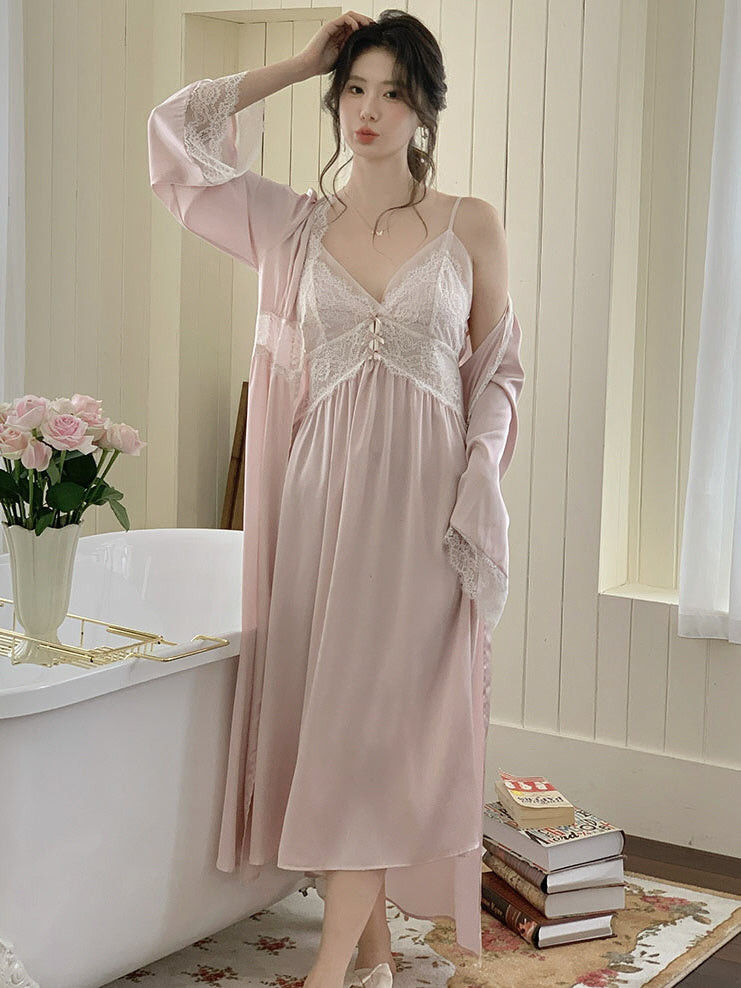 Blush Lace Trim Nightgown & Robe Set