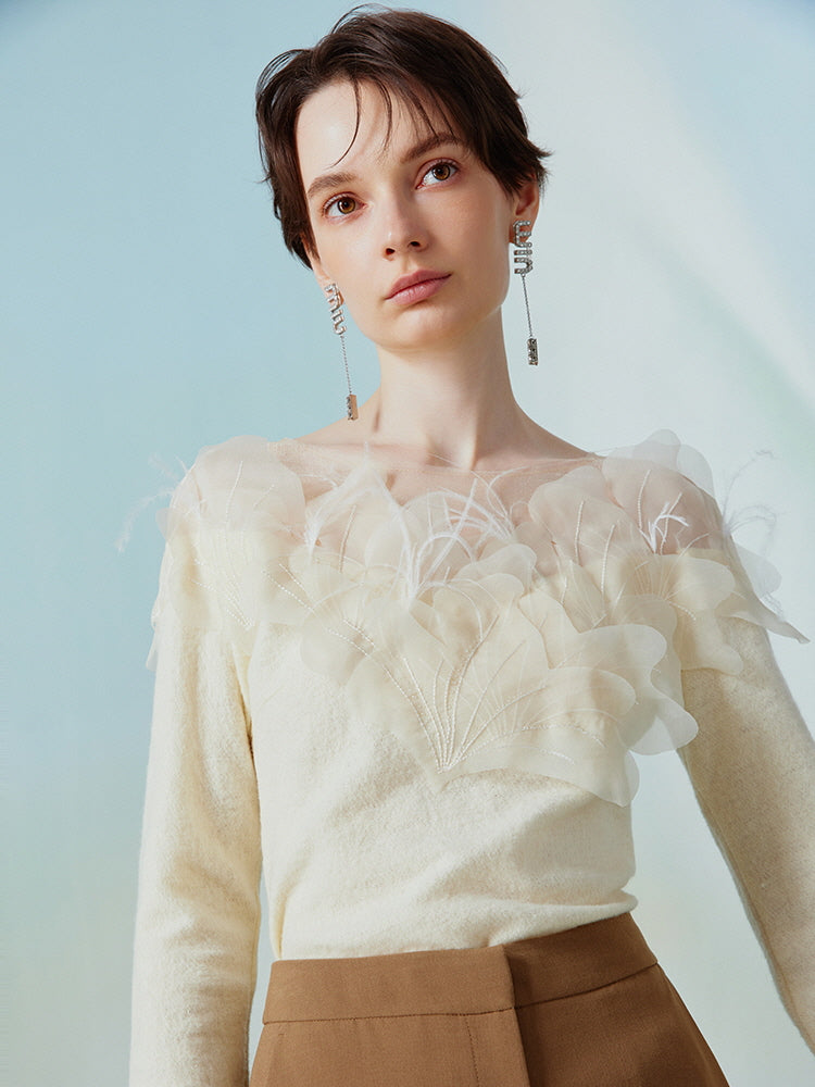 Elegant Floral Appliqué Knit Blouse