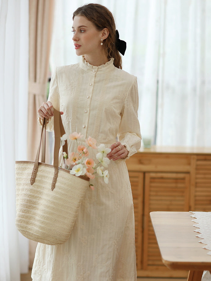 Vintage-Inspired Floral Embroidered Cotton Dress