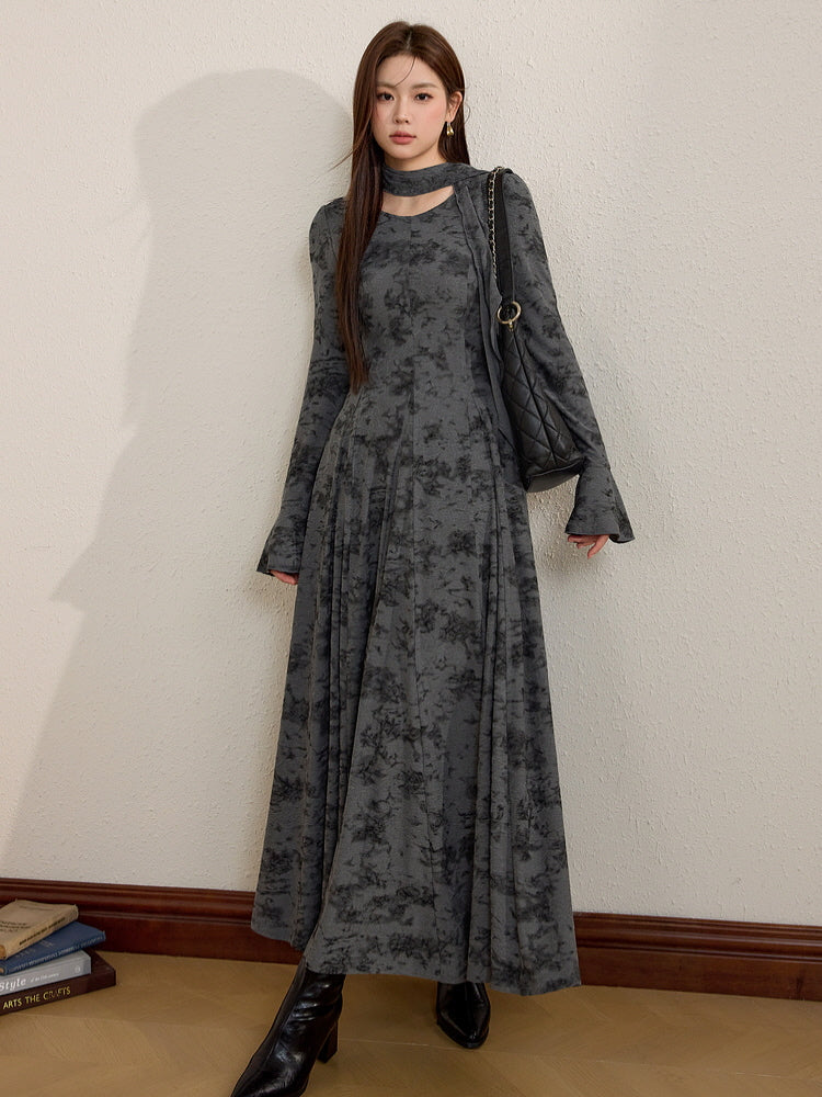 marble dresses long sleeve Smoky Marble Flow Dress with Scarf Accent