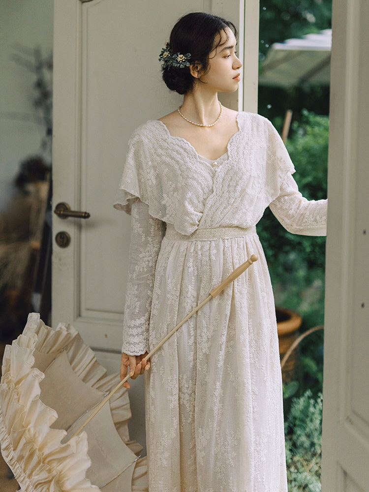 chinese dress ladies Cottagecore Lace Vintage Cotton Dress Ivory(Pre-Sale 14days) / M