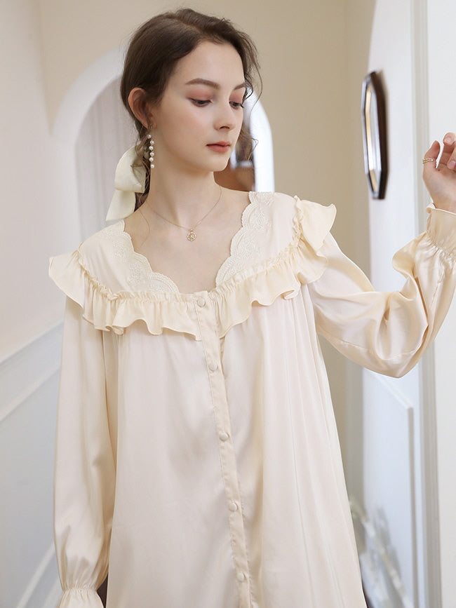 Vintage-Inspired Cream Ruffle Nightgown