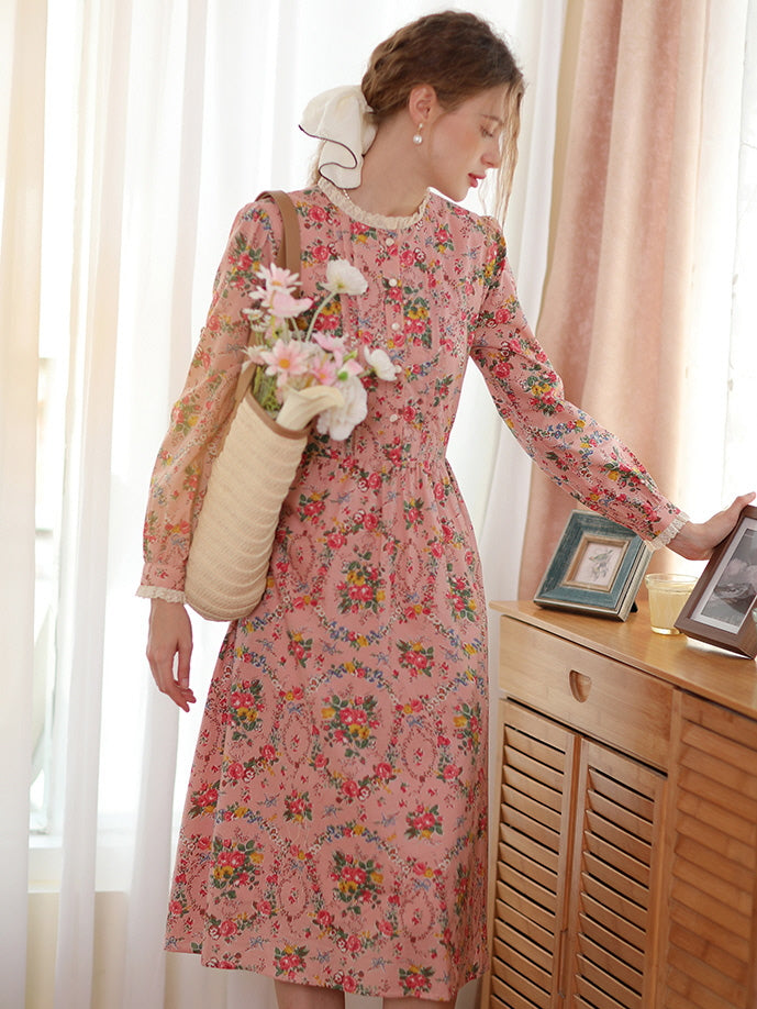 Lace Trim Vintage Floral Pink Cotton Dress