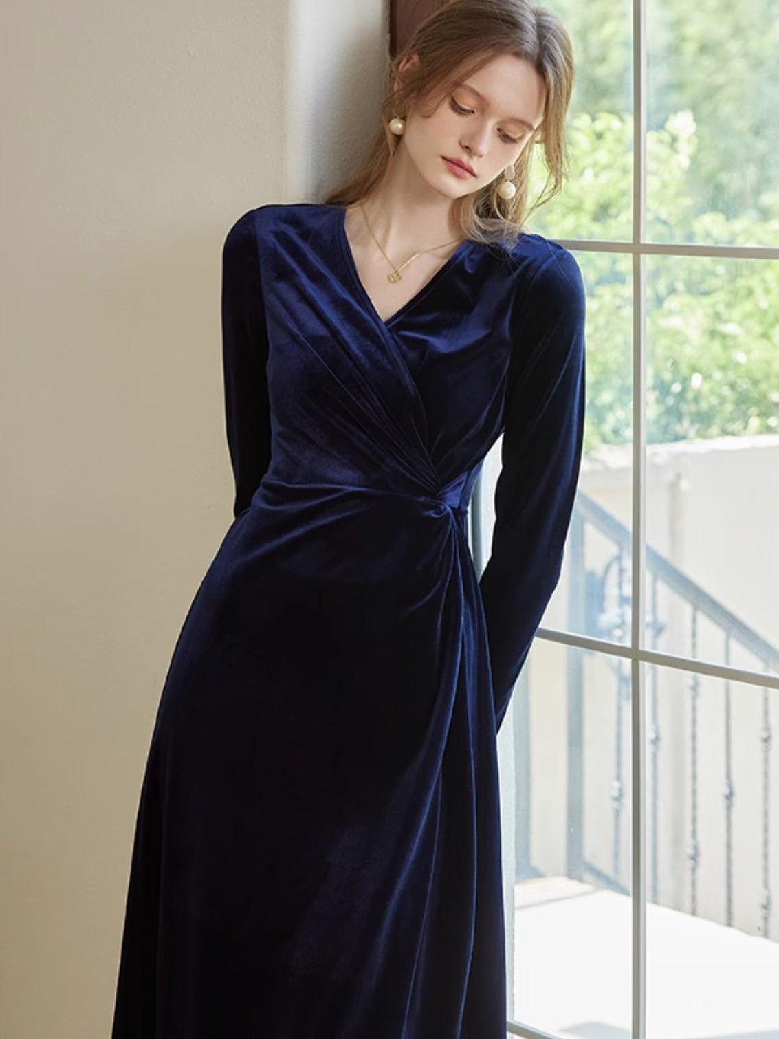 navy blue velvet wrap dress Midi Wrap Navy Blue Long Sleeve Wrap Dress Navy Velvet Wrap Dress Blue Velvet Midi Dress