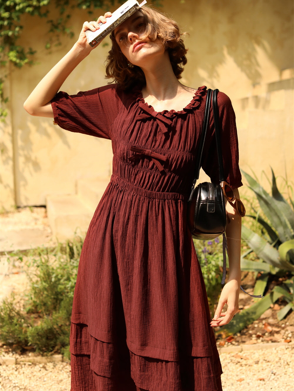 Vintage Cottage Ribbon Wine Red Dress