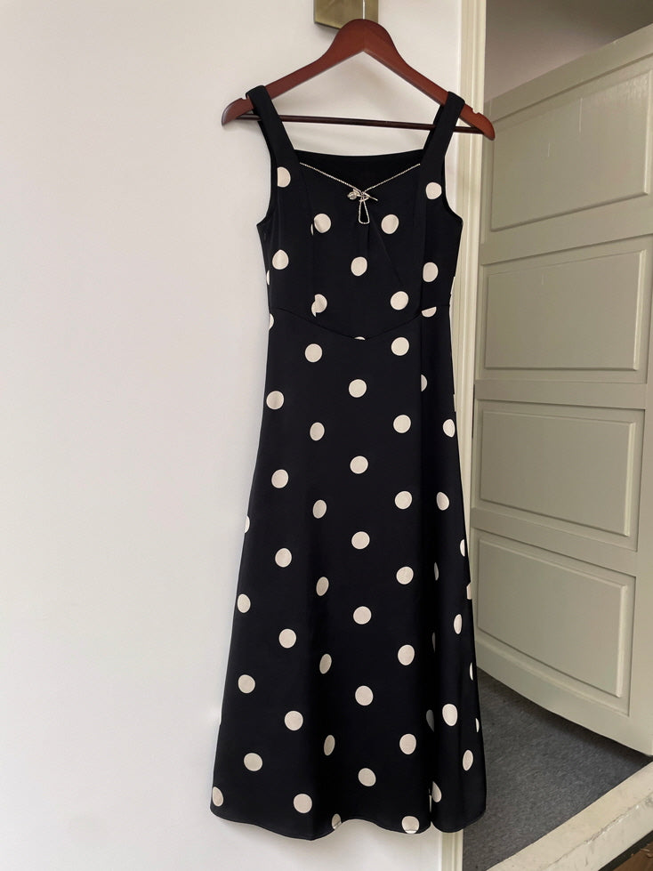 Rose Brooch Elegant Polka Dot Slip Dress