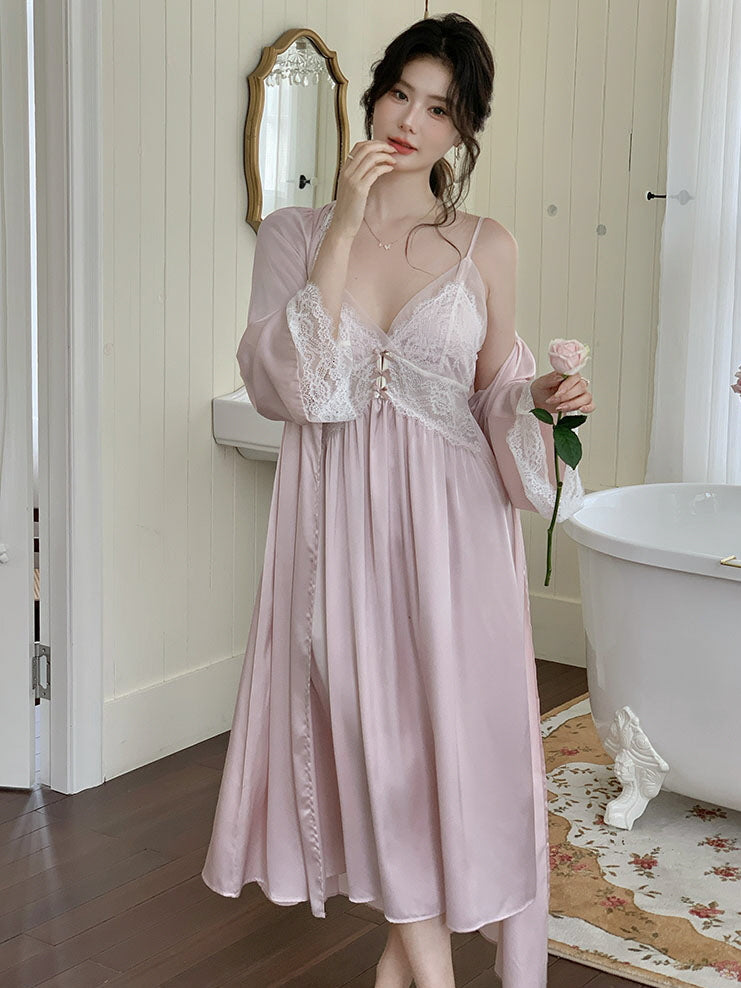 Blush Lace Trim Nightgown & Robe Set