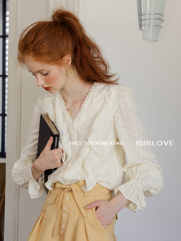 Romantic Lace-Trimmed Ruffle Blouse