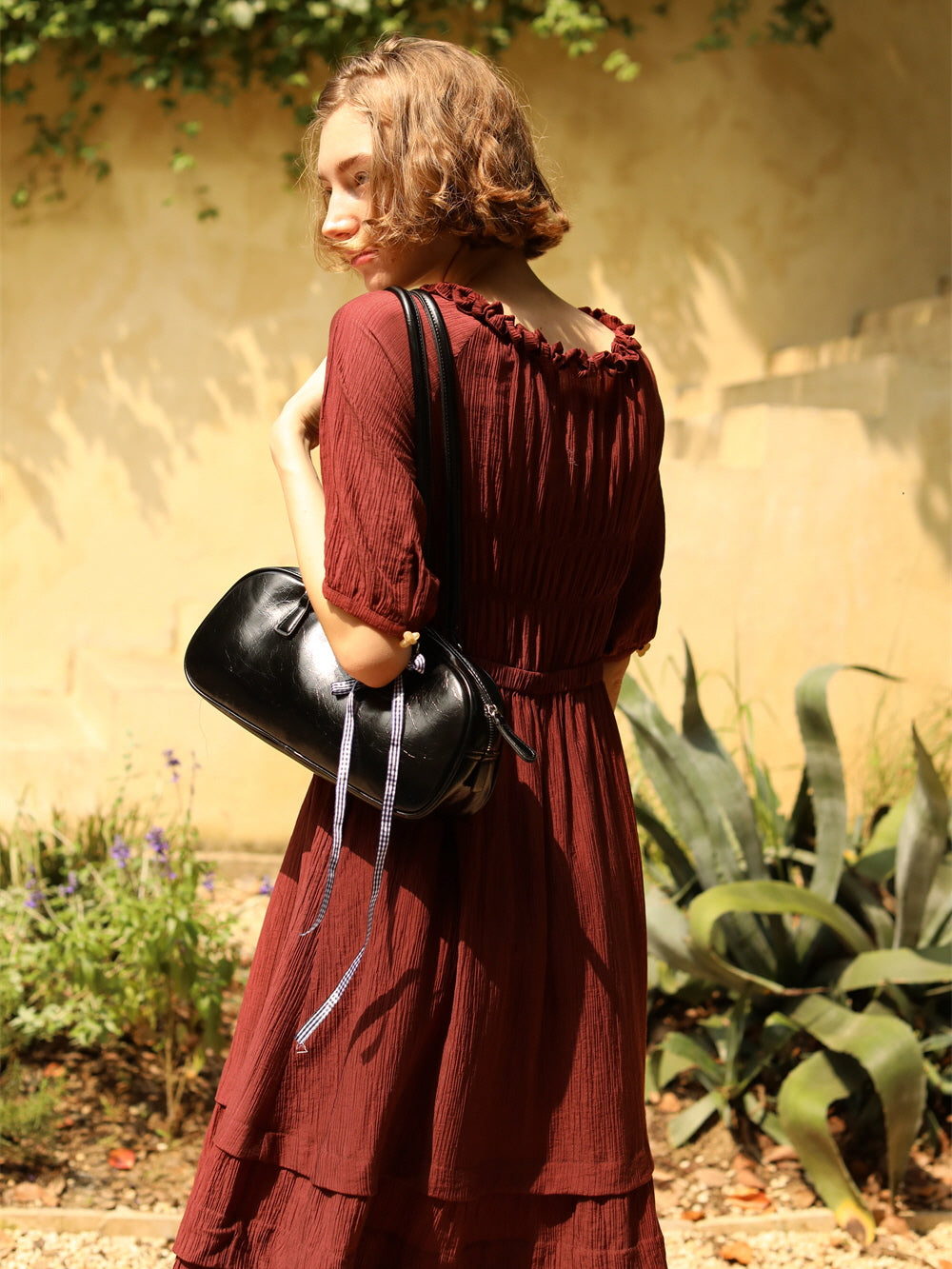 Vintage Cottage Ribbon Wine Red Dress