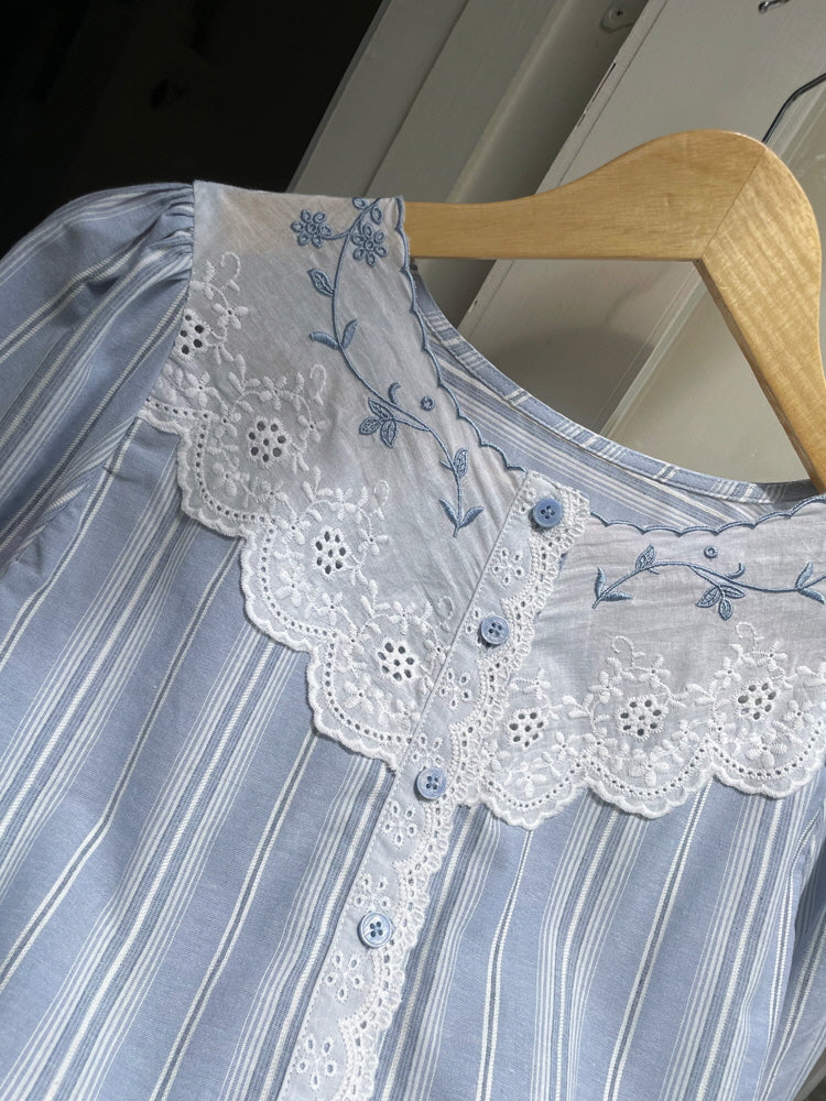 Blue Striped Cotton Lace Blouse